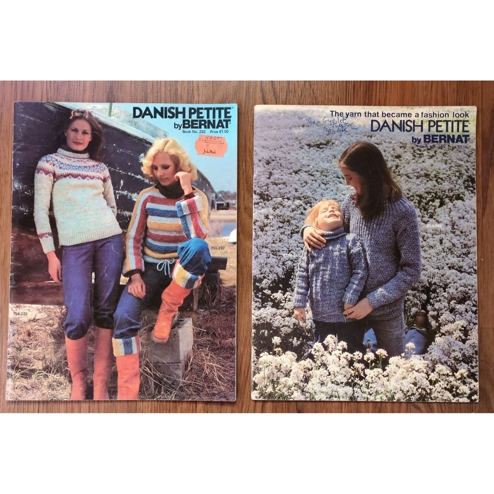 2 Vtg 70s Danish Petite Bernat Knitting Books 232 & 245 Sweaters Women Kids Men
